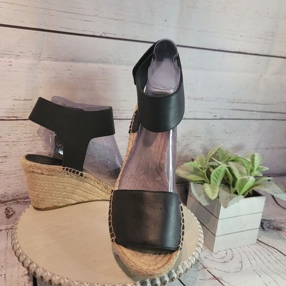 Vince Sophie Black Leather Espadrille Wedge Peep Toe Sandals Size 11M - Picture 4 of 12